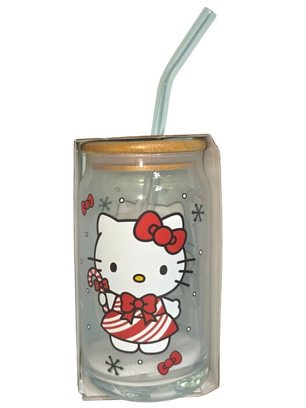 Sanrio Hello Kitty Christmas Glass Tumbler w/Bamboo Lid & Glass Straw 16oz Peppe